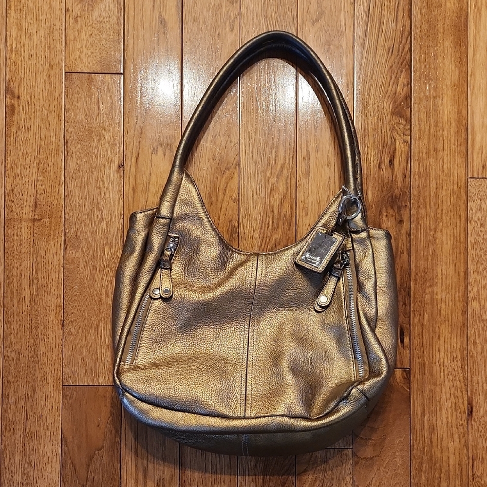 Tignanello Metallic Bronze Leather Shoulder Bag Hobo Purse P-001